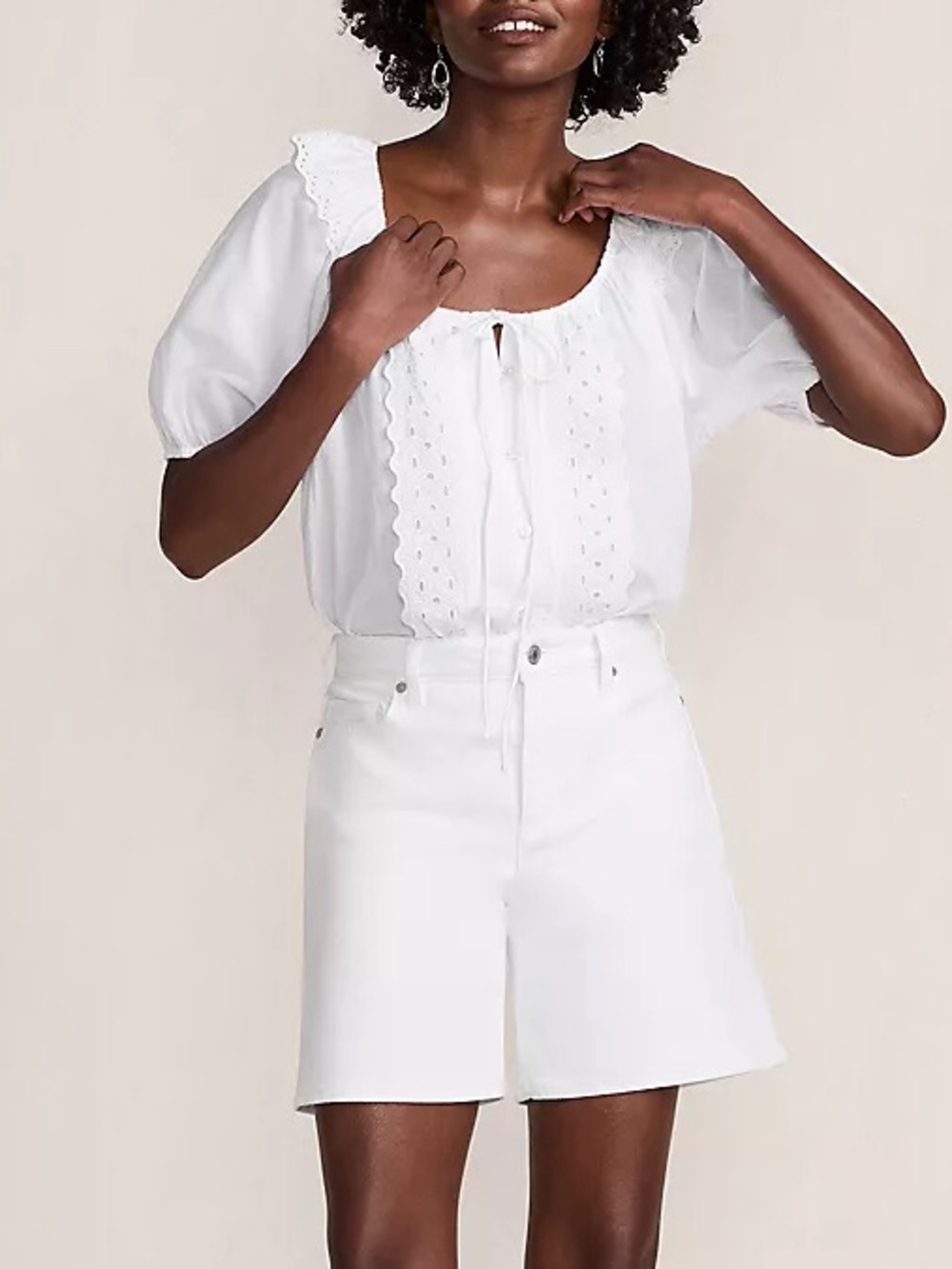 Lands' End White Eyelet Tie-Front Peasant Blouse
